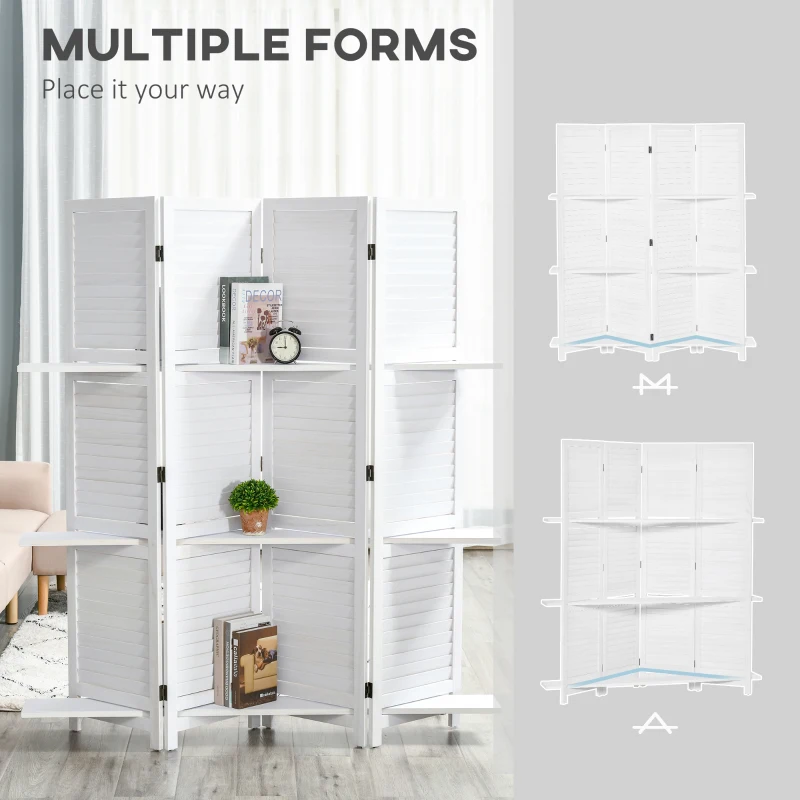HOMCOM 4-Panel Wall Partition Room Separator with 3 Storage Shelves Foldable Design Wooden Frame 5.6FT White