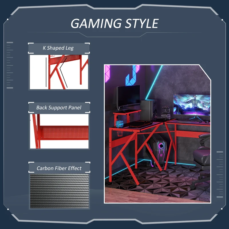 HOMCOM Gaming Desk, L-Shaped Corner Computer Table for Home Office, Workstations with Adjustable Monitor Stand Cup Holder Headphone Hook 49.25" x 49.25" x 29.5" Red