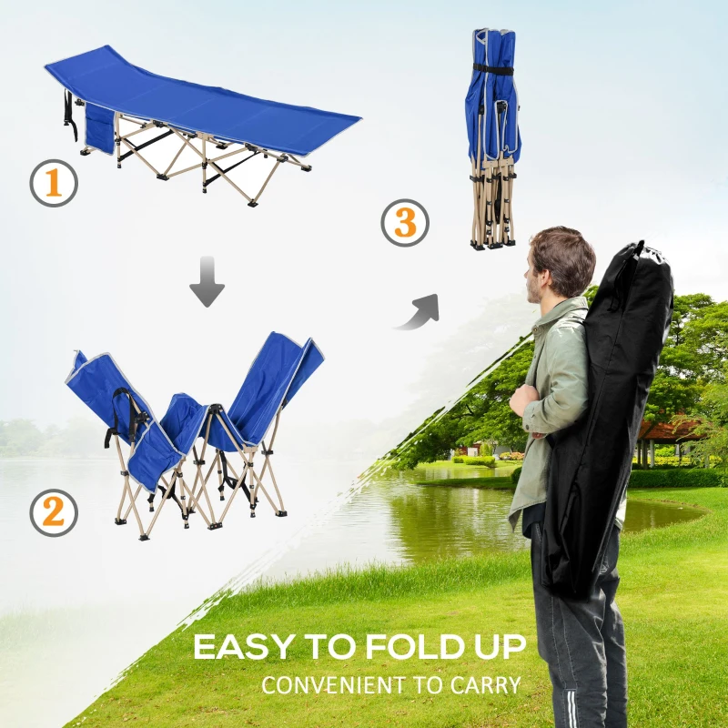 Outsunny Folding Camping Cot for Adults with Carry Bag, Side Pocket, Outdoor Portable Sleeping Bed for Travel Camp Vocation, Navy Blue