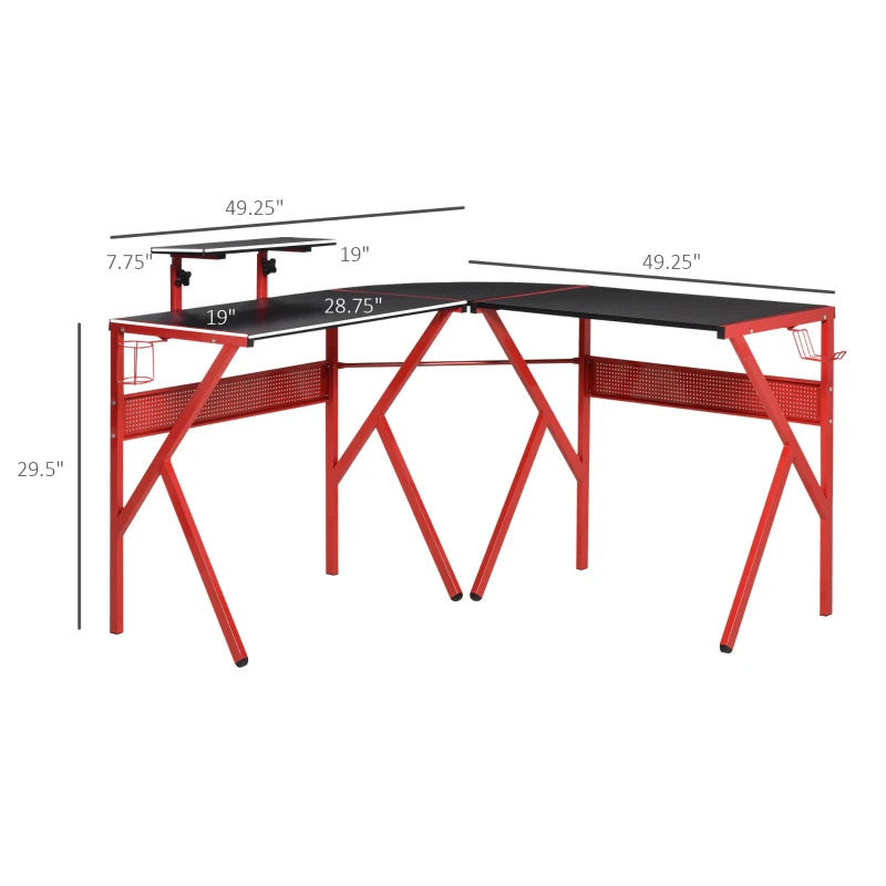 HOMCOM Gaming Desk, L-Shaped Corner Computer Table for Home Office, Workstations with Adjustable Monitor Stand Cup Holder Headphone Hook 49.25" x 49.25" x 29.5" Red