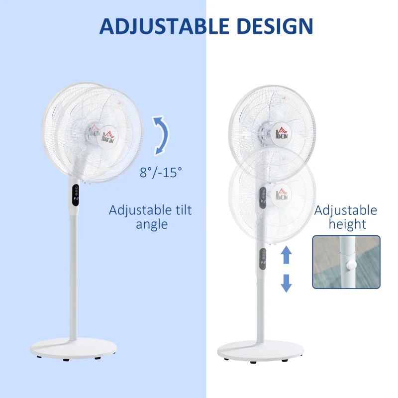 HOMCOM Floor Standing Fan with Remote Control, Oscillating, LED Screen, Stand Up Cooling Fan, Tall Pedestal Electric Fan for Home Bedroom, White