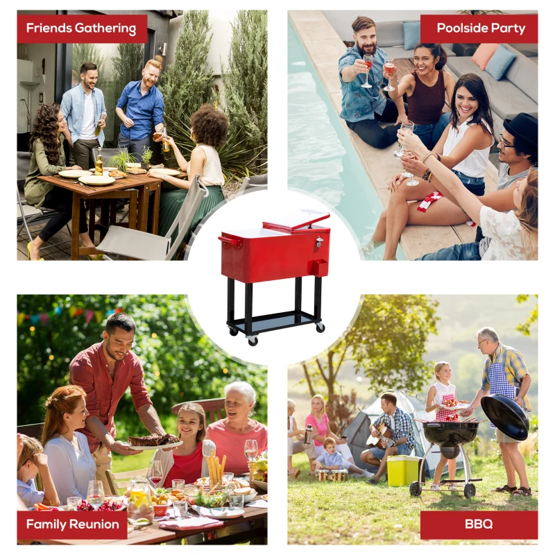 Outsunny 80 Quart Rolling Cooler Cart Portable Patio Ice Beer Beverage Cooling Bin for Outdoor Party w/ Bottle Opener & Storage Shelf Red