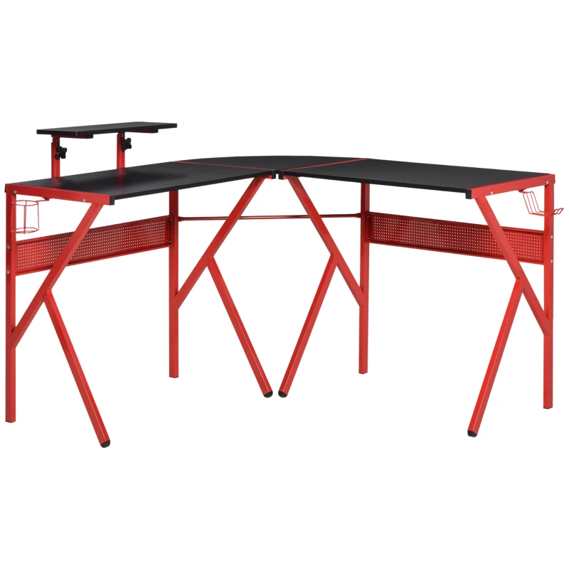 HOMCOM Gaming Desk, L-Shaped Corner Computer Table for Home Office, Workstations with Adjustable Monitor Stand Cup Holder Headphone Hook 49.25" x 49.25" x 29.5" Red