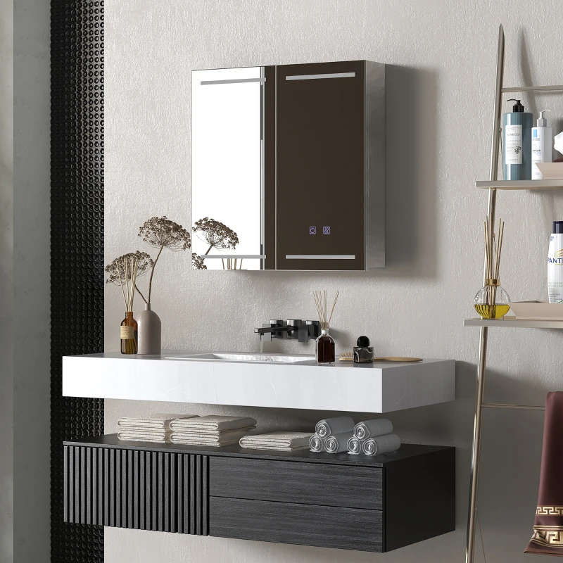 HOMCOM Illuminated Medicine Cabinet with Mirror, LED Vanity Mirror Cabinet with Defogging Film, Stainless Steel Frame