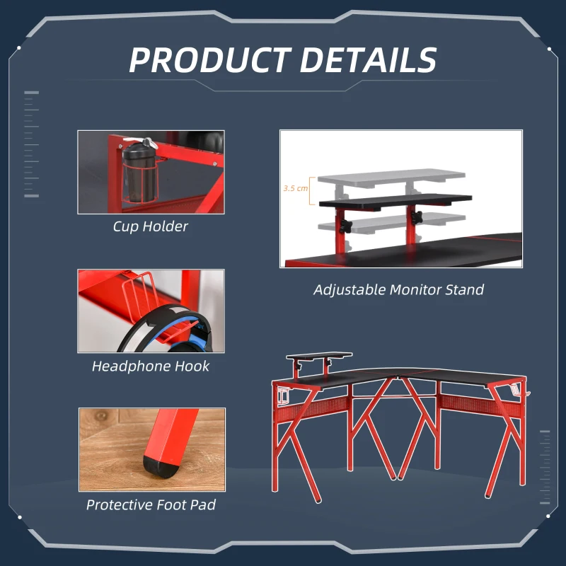 HOMCOM Gaming Desk, L-Shaped Corner Computer Table for Home Office, Workstations with Adjustable Monitor Stand Cup Holder Headphone Hook 49.25" x 49.25" x 29.5" Red