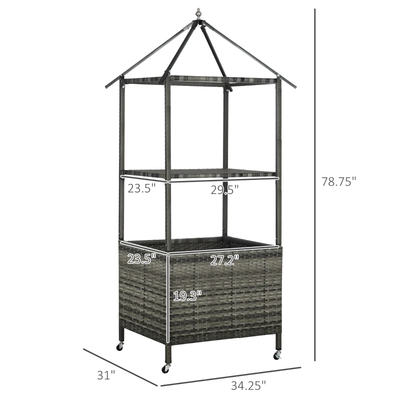 Outsunny Outdoor Towel Valet Caddy, Covered Poolside Towel Holder Rack, Shelf, Basket, Rolling PE Rattan Wicker Storage on Wheels, Gray
