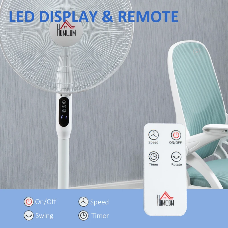 HOMCOM Floor Standing Fan with Remote Control, Oscillating, LED Screen, Stand Up Cooling Fan, Tall Pedestal Electric Fan for Home Bedroom, White