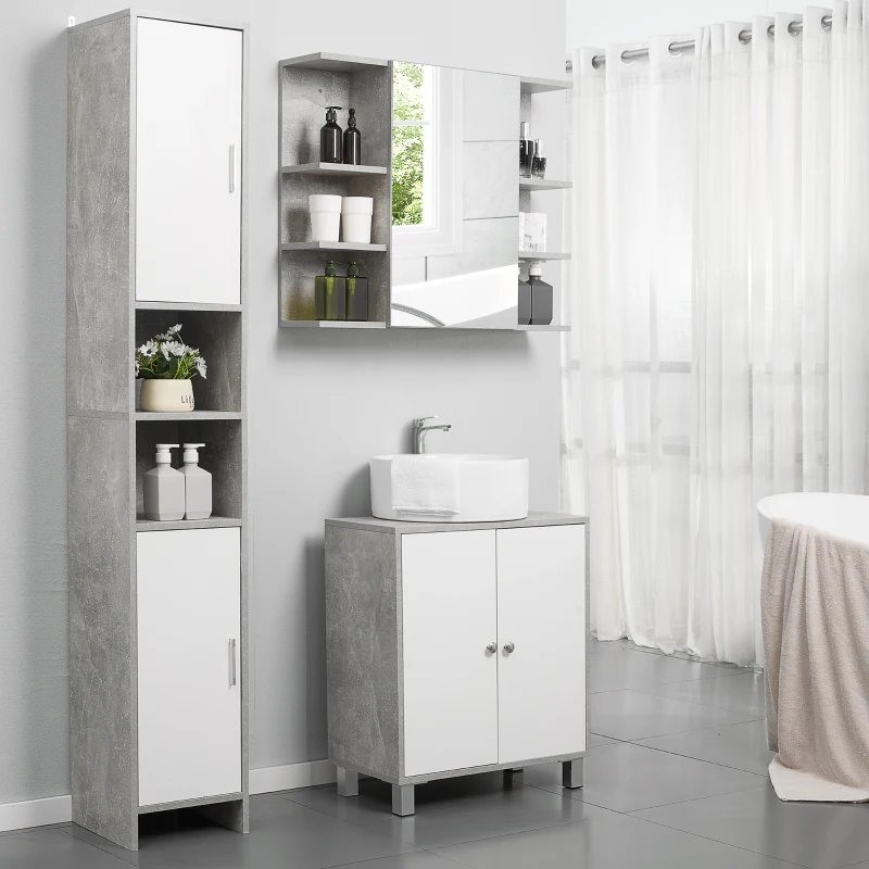 kleankin Medicine Cabinet with Mirror, Cement-Like Contemporary Bathroom Wall Cabinet with 6 Open Shelves, Grey
