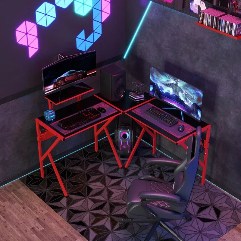 HOMCOM Gaming Desk, L-Shaped Corner Computer Table for Home Office, Workstations with Adjustable Monitor Stand Cup Holder Headphone Hook 49.25" x 49.25" x 29.5" Red