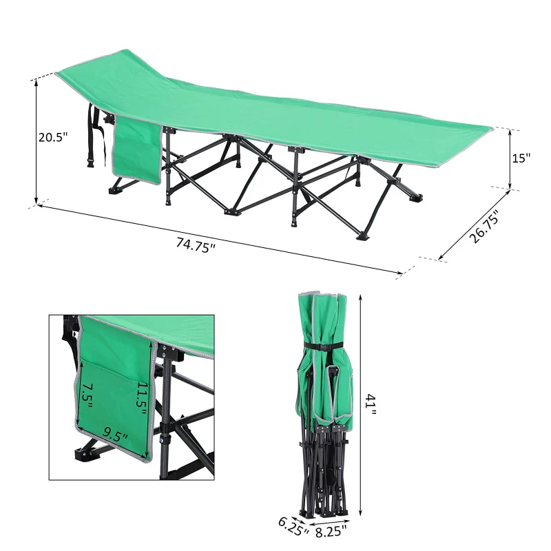 Outsunny Folding Camping Cots for Adults with Carry Bag, Side Pocket, Outdoor Portable Sleeping Bed, 330 lbs. Capacity, Green