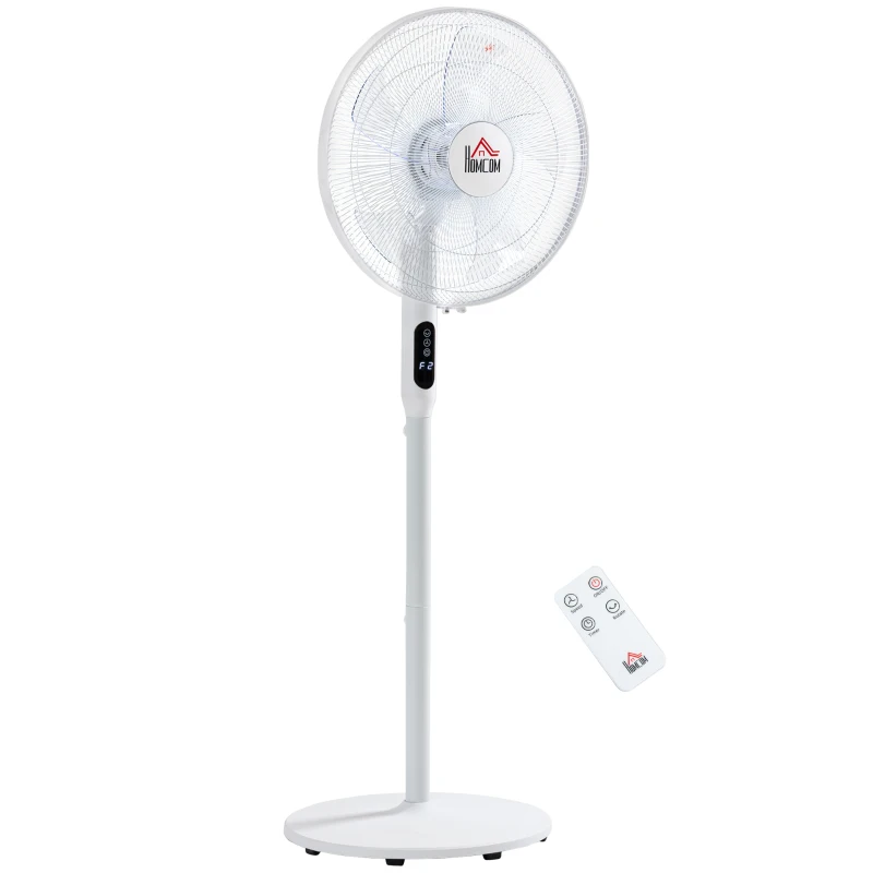 HOMCOM Floor Standing Fan with Remote Control, Oscillating, LED Screen, Stand Up Cooling Fan, Tall Pedestal Electric Fan for Home Bedroom, White