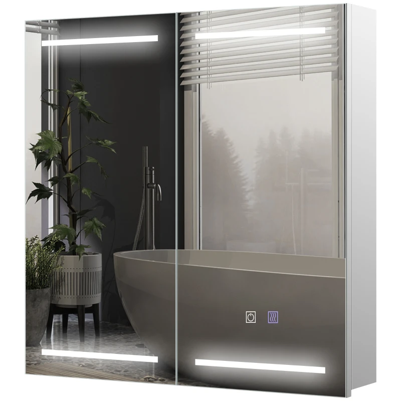 HOMCOM Illuminated Medicine Cabinet with Mirror, LED Vanity Mirror Cabinet with Defogging Film, Stainless Steel Frame