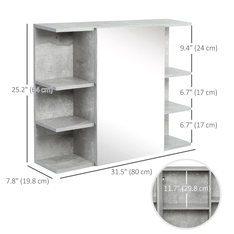 kleankin Medicine Cabinet with Mirror, Cement-Like Contemporary Bathroom Wall Cabinet with 6 Open Shelves, Grey