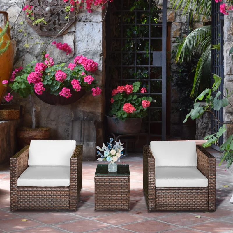Outsunny Wicker Bistro Patio Set, 2 Porch Chairs & Glass Table, White