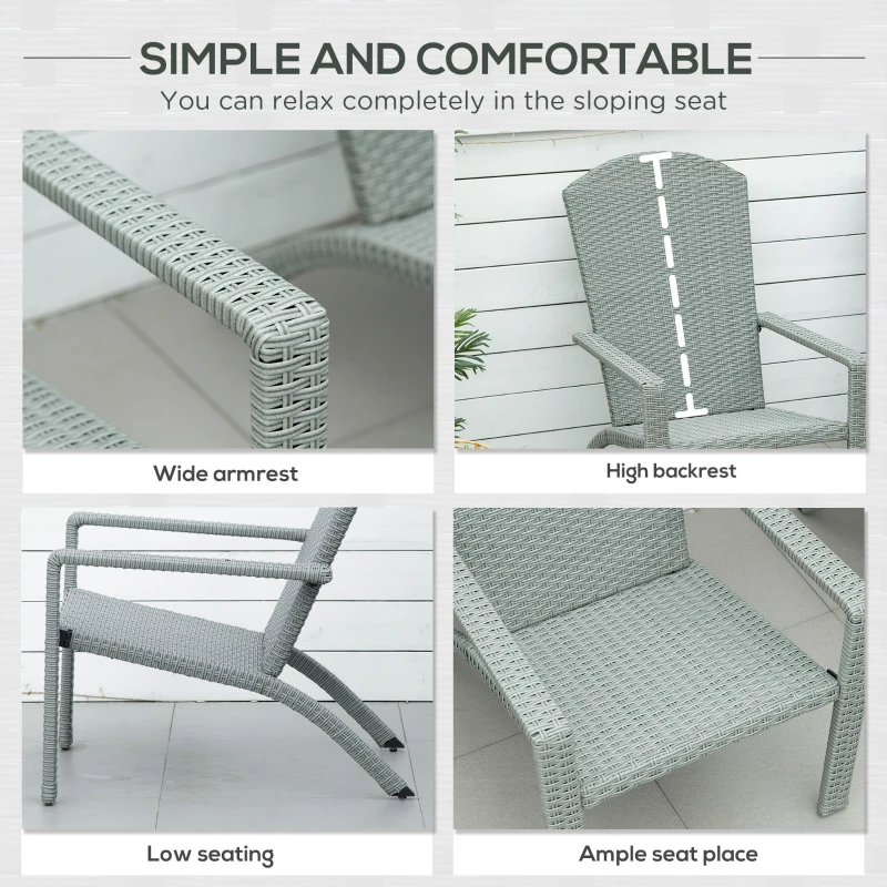 Outsunny 2 Pieces Adirondack Chair Patio Wicker Muskoka Chair, Outdoor PE Rattan Fire Pit Chair for Poolside, Balcony, Deck, Garden, Backyard, Light Grey