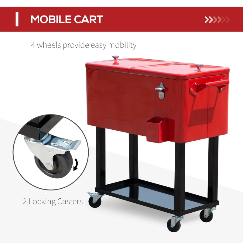 Outsunny 80 Quart Rolling Cooler Cart Portable Patio Ice Beer Beverage Cooling Bin for Outdoor Party w/ Bottle Opener & Storage Shelf Red