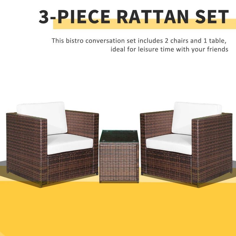 Outsunny Wicker Bistro Patio Set, 2 Porch Chairs & Glass Table, White