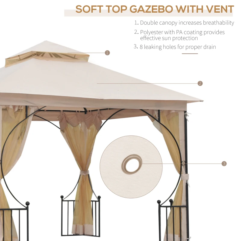 Outsunny 10' x 10' Patio Gazebo Canopy Outdoor Pavilion with Mesh Netting SideWalls, 2-Tier Polyester Roof, & Steel Frame, Beige