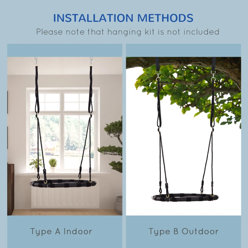 HOMCOM 23.5 Inch Saucer Tree Swing, Outdoor Indoor Swing for Kids with Adjustable Hanging Ropes, Metal Frame, Breathable Mesh, Black