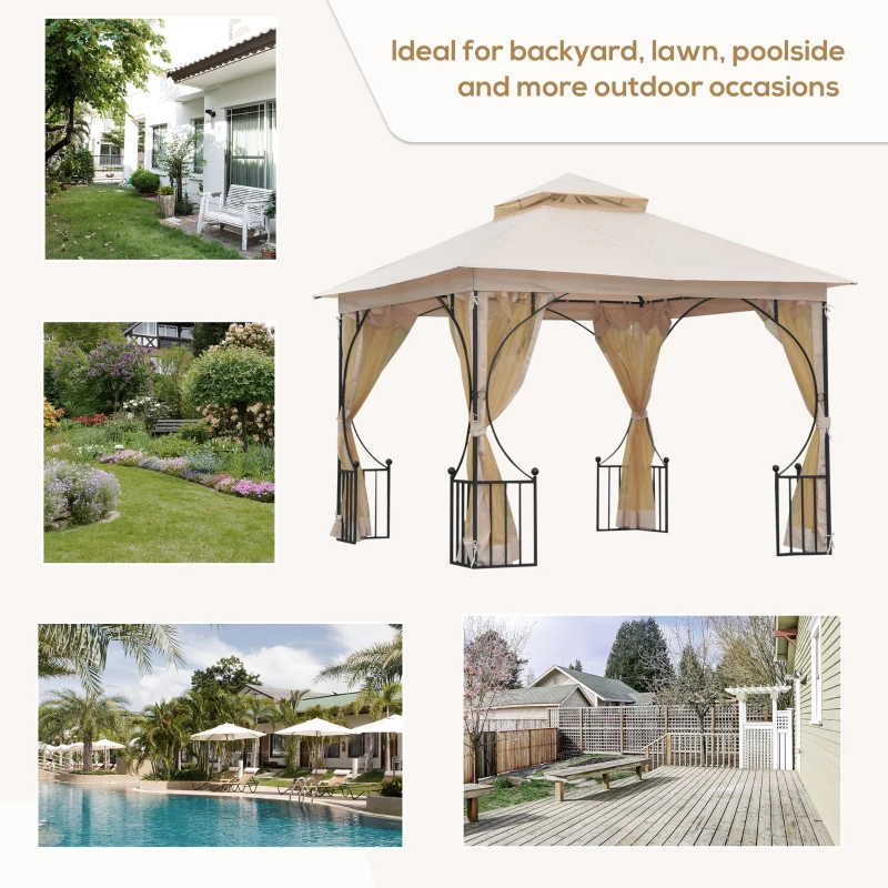 Outsunny 10' x 10' Patio Gazebo Canopy Outdoor Pavilion with Mesh Netting SideWalls, 2-Tier Polyester Roof, & Steel Frame, Beige