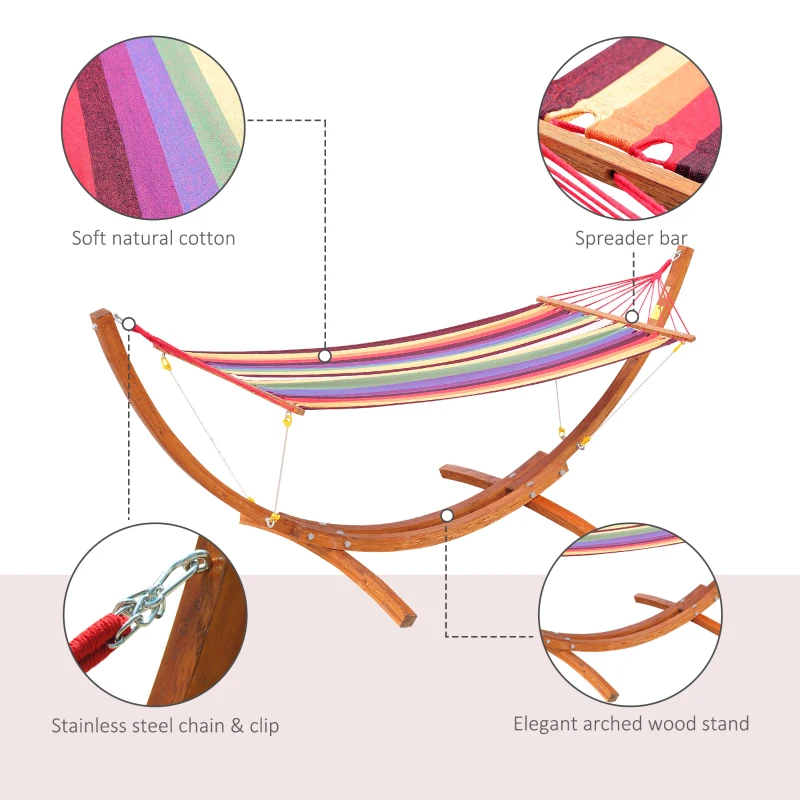 Outsunny 10' Wood Outdoor Hammock, Hammock with Stand Rainbow Bed, Heavy Duty Roman Arc Hammock for Single Person for Patio Backyard Balcony Porch, Multi Color