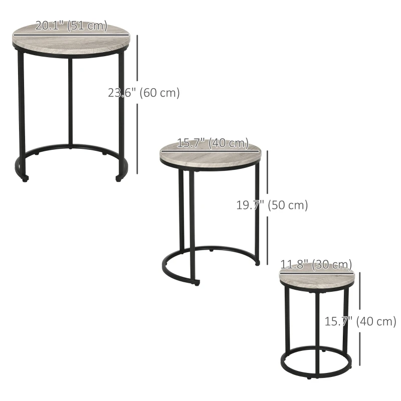 HOMCOM Nesting Tables Set of 3, Round Coffee Table, Stacking Side Tables with Steel Frame for Living Room, Grey