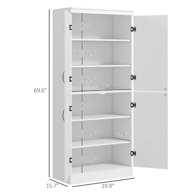 HOMCOM 70" Kitchen Cabinet, 6-Tier Pantry Cabinet with Adjustable Shelves and 4 Doors for Dining Room, White