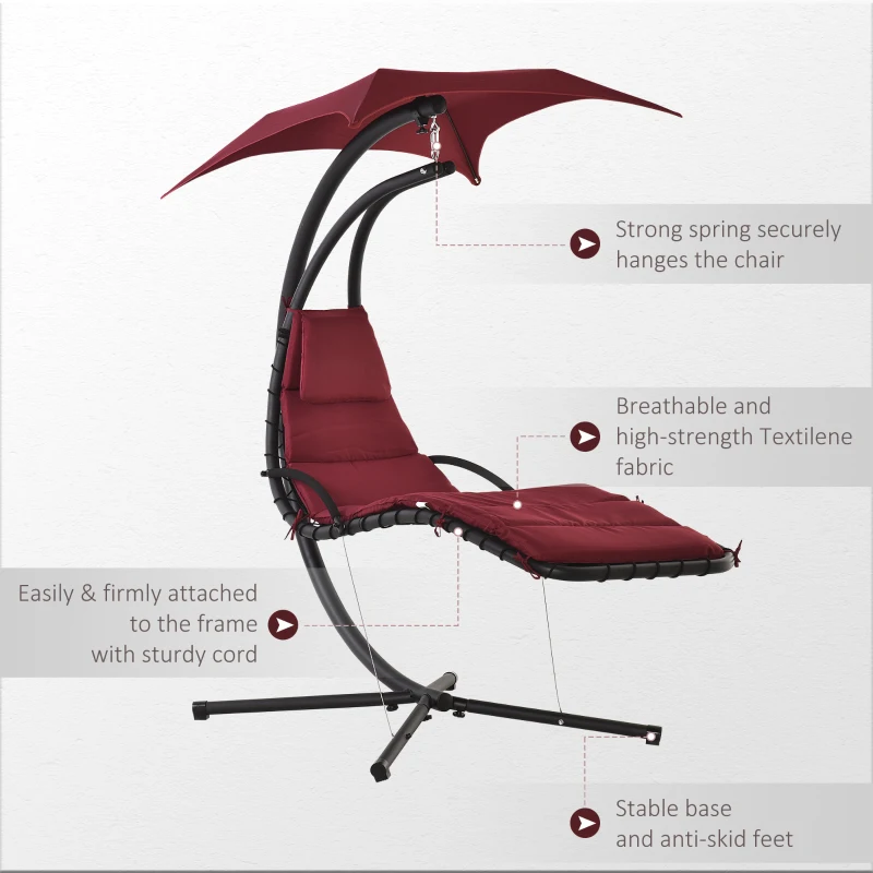 Outsunny Outdoor Hammock Chair with Stand, Floating Chaise Lounge Chair with Soft Padded Cushion, Hanging Hammock Swing Reclining Seat with Canopy Umbrella, Wine Red