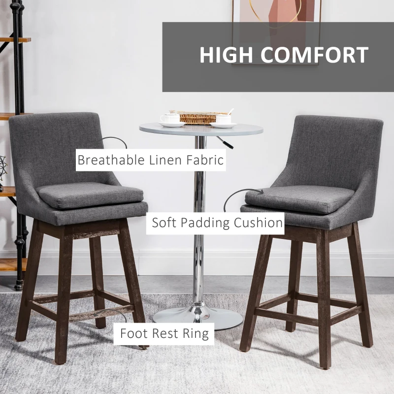 HOMCOM Bar Height Bar Stools Set of 2, Armless Upholstered Swivel Barstools Chairs with Soft Padding Cushion and Wood Legs, Dark Gray