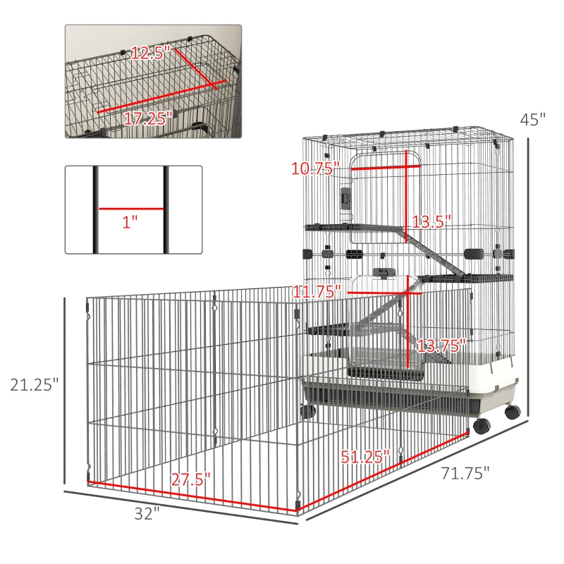 PawHut 45" 4-Level Small Animal Cage with Wheels, Black