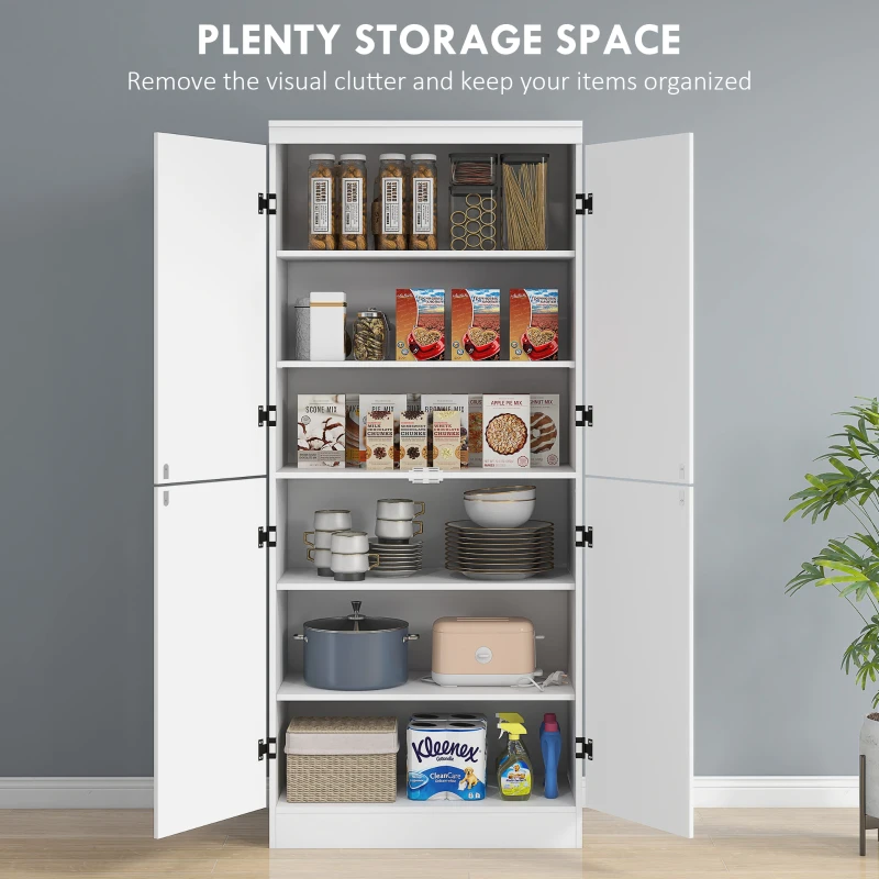HOMCOM 70" Kitchen Cabinet, 6-Tier Pantry Cabinet with Adjustable Shelves and 4 Doors for Dining Room, White