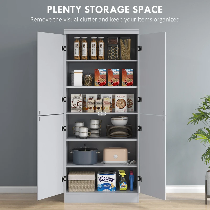 HOMCOM 70" Kitchen Cabinet, 6-Tier Pantry Cabinet with Adjustable Shelves and 4 Doors for Dining Room, Gray