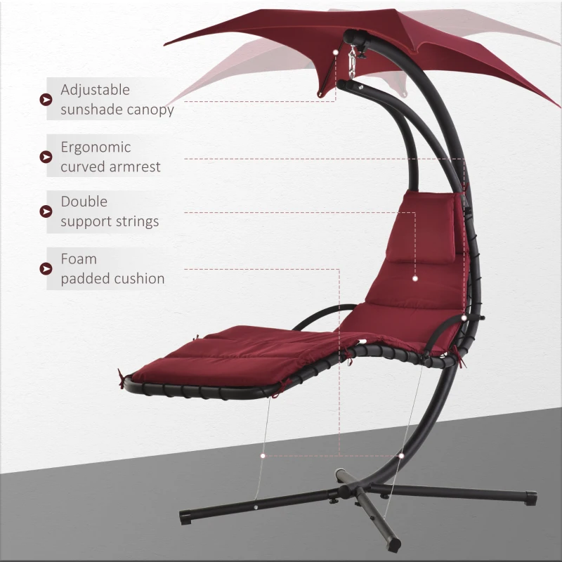 Outsunny Outdoor Hammock Chair with Stand, Floating Chaise Lounge Chair with Soft Padded Cushion, Hanging Hammock Swing Reclining Seat with Canopy Umbrella, Wine Red