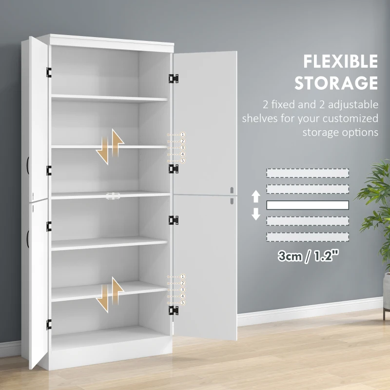 HOMCOM 70" Kitchen Cabinet, 6-Tier Pantry Cabinet with Adjustable Shelves and 4 Doors for Dining Room, White