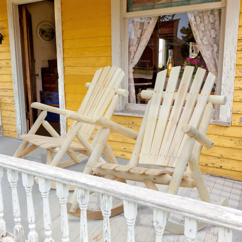 Outsunny 2 Piece Wooden Adirondack Porch Rocking Chair Set, Rustic Slatted Log Rockers for Indoor Outdoor Patio & Lawn, Unpainted, Natural