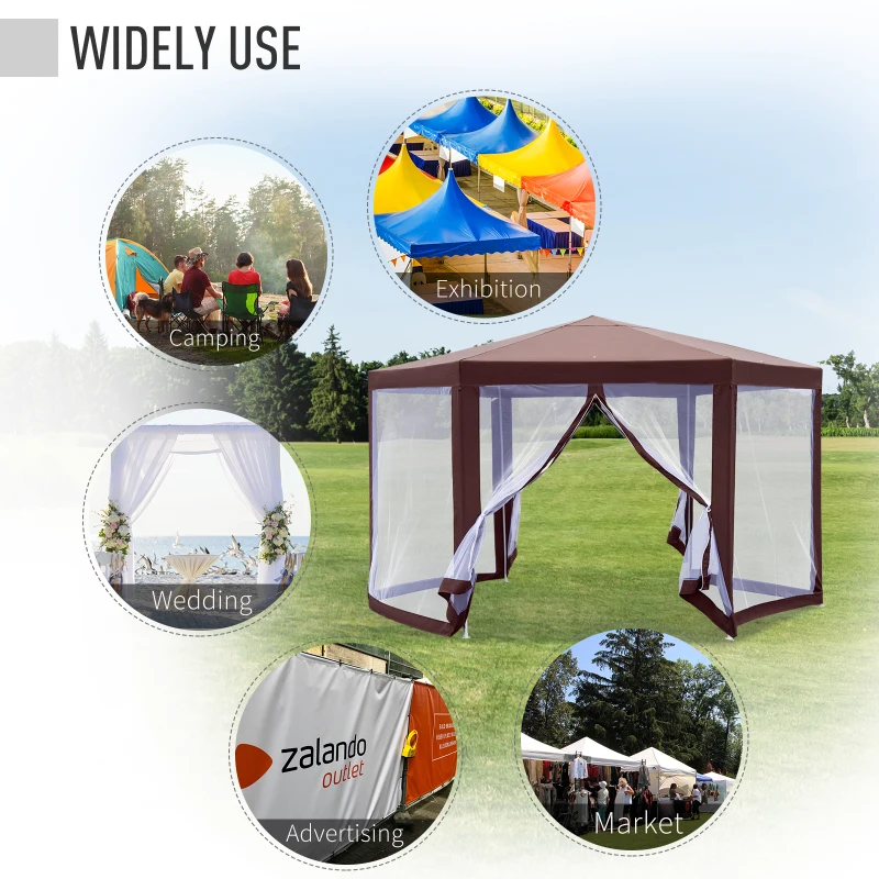 Outsunny 13' x 11' Hexagonal Garden Gazebo Patio Party Outdoor Canopy Tent Sun Shelter w/ Mosquito Net Zipped Door - Brown