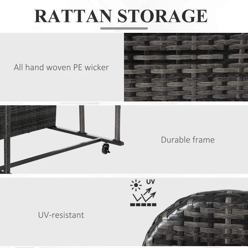 Outsunny Rolling Pool Storage Rattan Patio Furniture Outdoor Storage Wicker Organizer for Floats, Paddles, Balls, Towels, Grey