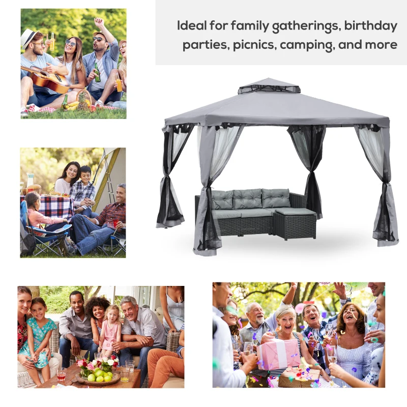 Outsunny 10' x 10' Patio Gazebo Outdoor Pavilion 2 Tire Roof Canopy Shelter Garden Event Party Tent Yard Sun Shade Steel Frame w/ Mosquito Netting Grey