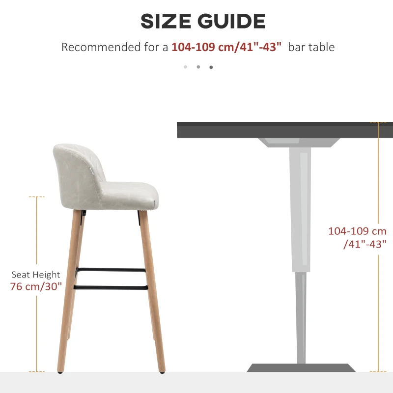 HOMCOM Bar Stool Set of 2 PU Leather Padded Counter Height Bar Stools with Footrest and Adjustable Feet for Home Kitchen White