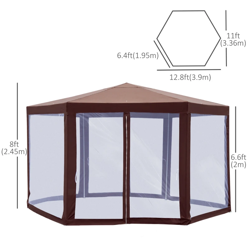 Outsunny 13' x 11' Hexagonal Garden Gazebo Patio Party Outdoor Canopy Tent Sun Shelter w/ Mosquito Net Zipped Door - Brown