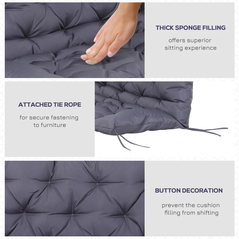 Outsunny 2 Seater Garden Bench Cushion, Soft Thick Outdoor Non-Slip 2 Seater Soft Pad With Backrest for Garden Patio, 52" x 43" x 4", Dark Grey