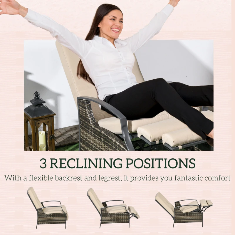 Outsunny Outdoor Rattan Recliner Chair, Wicker Reclining Chair with Adjustable Back Retractable Footrest Cushion Khaki