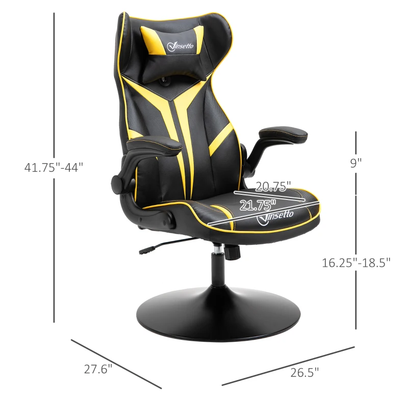 Vinsetto Office Chair Racing Vedio Gaming Faux Leather with Pedestal Base, Adjustable Head Pillow, Flip-Up Armrest, Yellow and Black