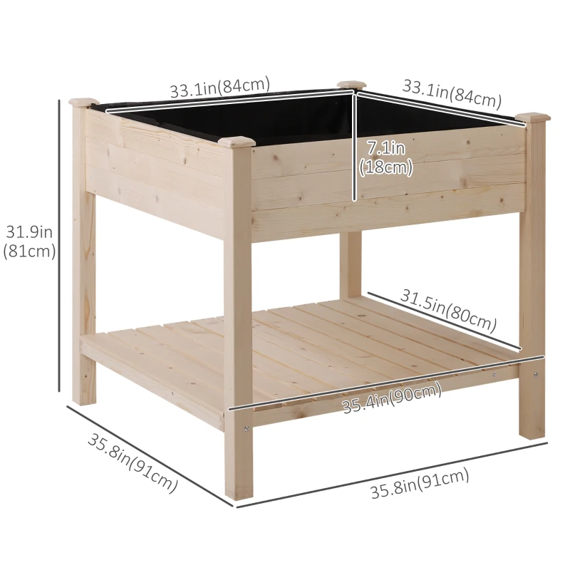 Outsunny 35.75'' x 35.75'' Raised Garden Bed with Liner and Drainage Holes, Outdoor Wooden Elevated Planter Box with Legs and Storage Shelf, Garden Plant Stand Box