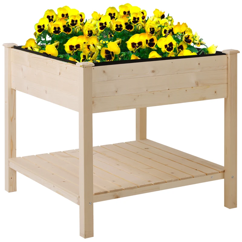 Outsunny 35.75'' x 35.75'' Raised Garden Bed with Liner and Drainage Holes, Outdoor Wooden Elevated Planter Box with Legs and Storage Shelf, Garden Plant Stand Box