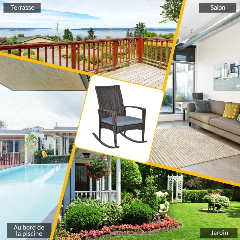 Outsunny Outdoor PE Rattan Rocking Chair, Garden Glider Rocking Chair, Wicker Patio Chair Set with Armrest and Cushion, Grey