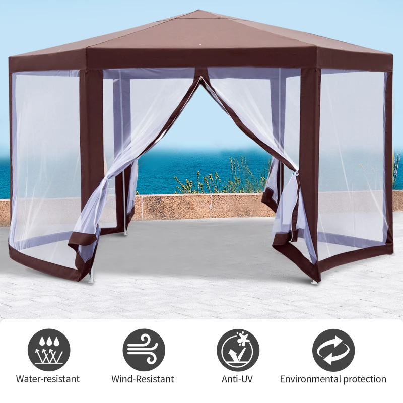 Outsunny 13' x 11' Hexagonal Garden Gazebo Patio Party Outdoor Canopy Tent Sun Shelter w/ Mosquito Net Zipped Door - Brown
