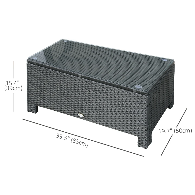 Outsunny Rattan Coffee Table, Patio Side Table, Hand-woven Wicker Furniture with Tempered Glass Top Outdoor Garden Patio, Black