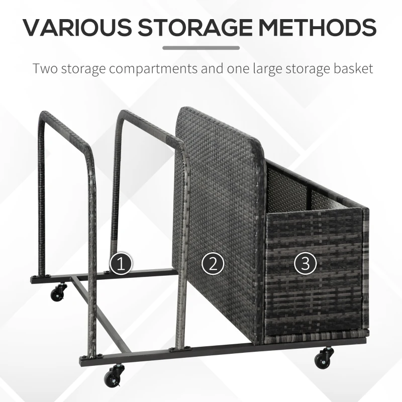 Outsunny Rolling Pool Storage Rattan Patio Furniture Outdoor Storage Wicker Organizer for Floats, Paddles, Balls, Towels, Grey