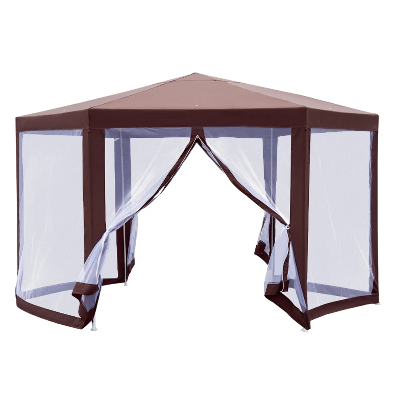 Outsunny 13' x 11' Hexagonal Garden Gazebo Patio Party Outdoor Canopy Tent Sun Shelter w/ Mosquito Net Zipped Door - Brown